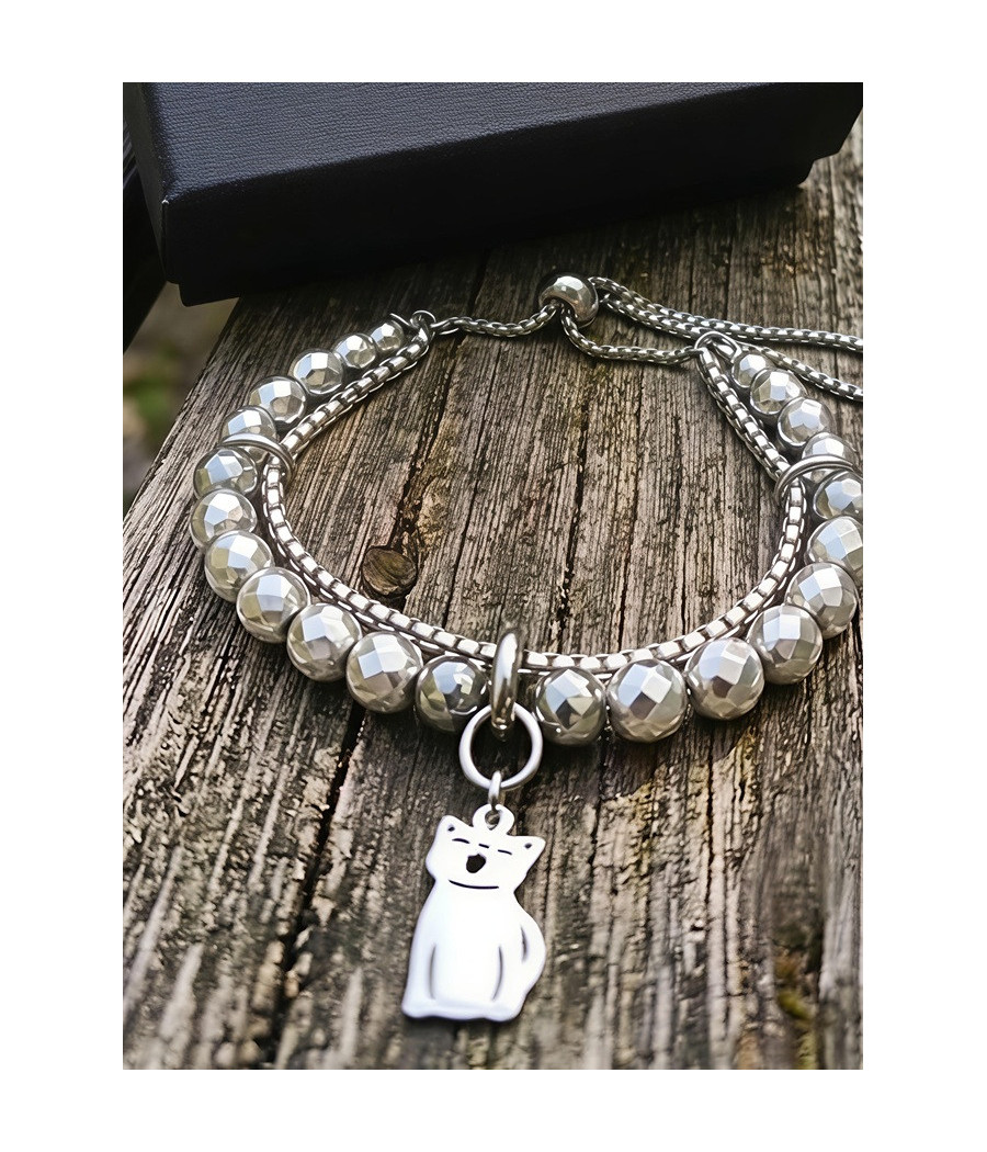 Pulsera de Hematites Diamantados y Gatito