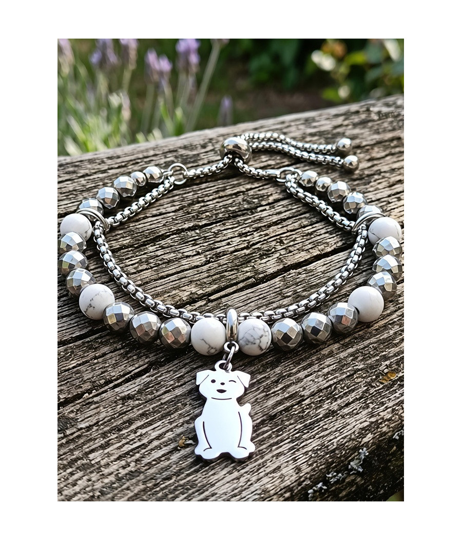 Pulsera de Hematites Diamantados, Howlita Blanca y Perrito