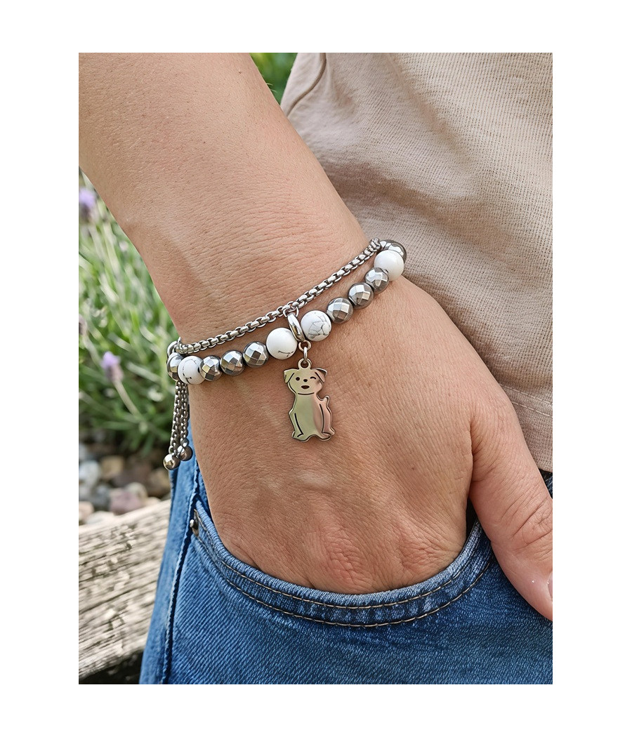 Pulsera de Hematites Diamantados, Howlita Blanca y Perrito
